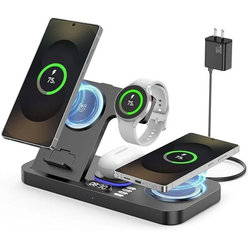 6-in-1‎ Magnetic Wireless Charging Station 30W Fast Charger Clock Night Light